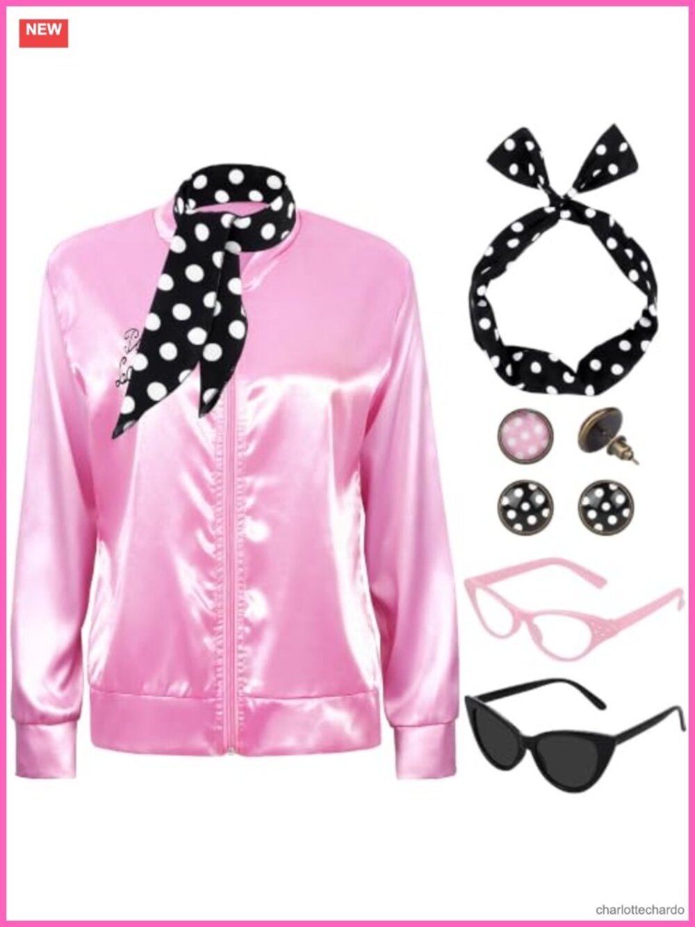 1950s Satin Costume Jacket Set with Scarf Headband Earrings Cat Glasses